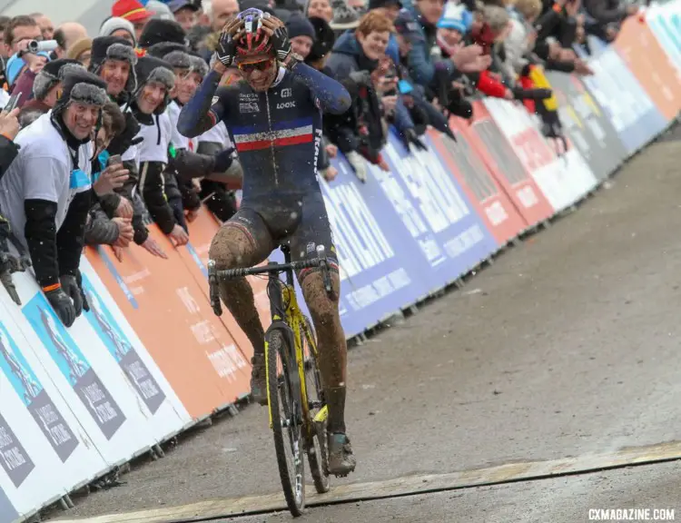 Yan Gras was estatic for his third-place finish. U23 Men. 2018 UCI Cyclocross World Championships, Valkenburg-Limburg, The Netherlands. © Bart Hazen / Cyclocross Magazine