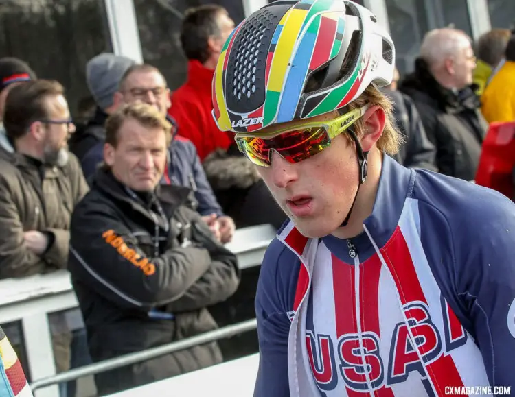 A rather clean Gage Hecht waits for his race to start. U23 Men. 2018 UCI Cyclocross World Championships, Valkenburg-Limburg, The Netherlands. © Bart Hazen / Cyclocross Magazine