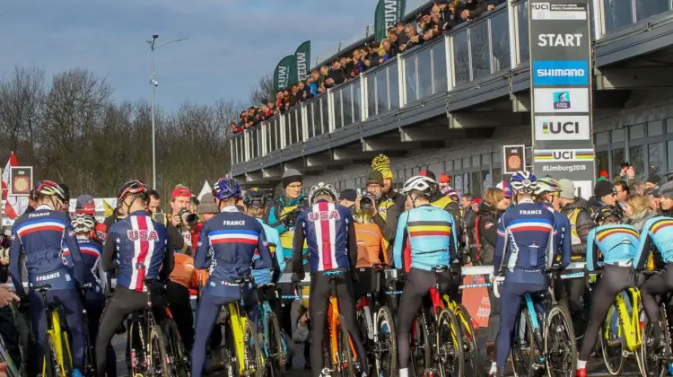 U23 men get ready to start. U23 Men. 2018 UCI Cyclocross World Championships, Valkenburg-Limburg, The Netherlands. © Bart Hazen / Cyclocross Magazine