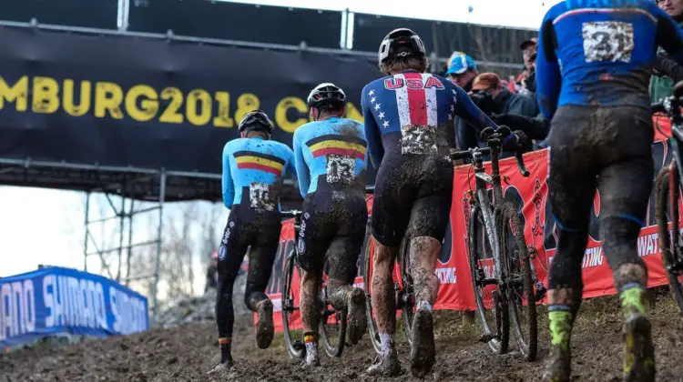 Gage Hecht worked his way back from a slow start to finish ninth. U23 Men. 2018 UCI Cyclocross World Championships, Valkenburg-Limburg, The Netherlands. © Gavin Gould / Cyclocross Magazine