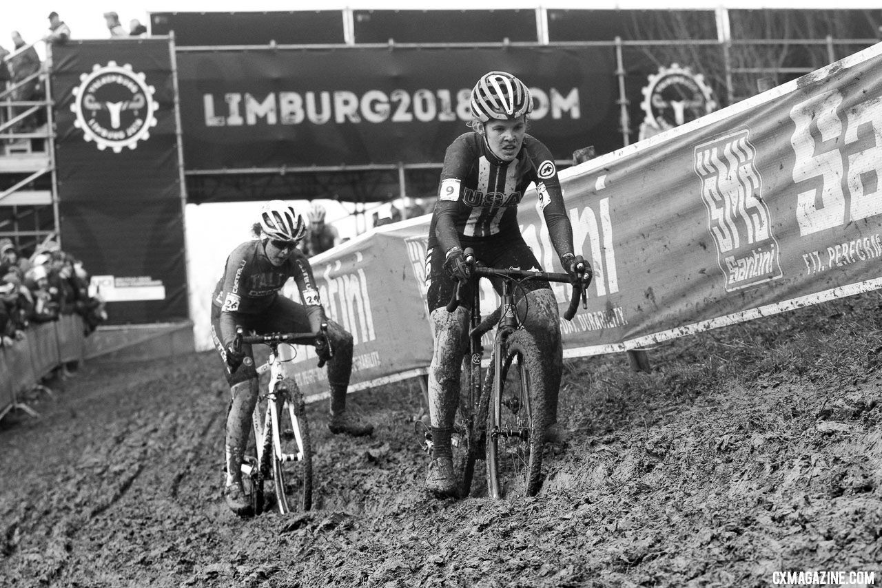 Oregon's Honsinger feeling at home in the mud. U23 Women. 2018 UCI Cyclocross World Championships, Valkenburg-Limburg, The Netherlands. © Bart Hazen / Cyclocross Magazine