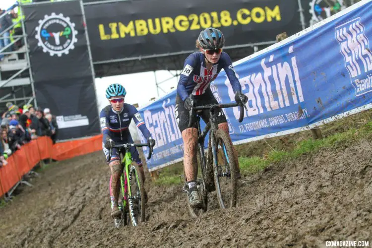 Emma Swartz rides the rut. U23 Women. 2018 UCI Cyclocross World Championships, Valkenburg-Limburg, The Netherlands. © Bart Hazen / Cyclocross Magazine