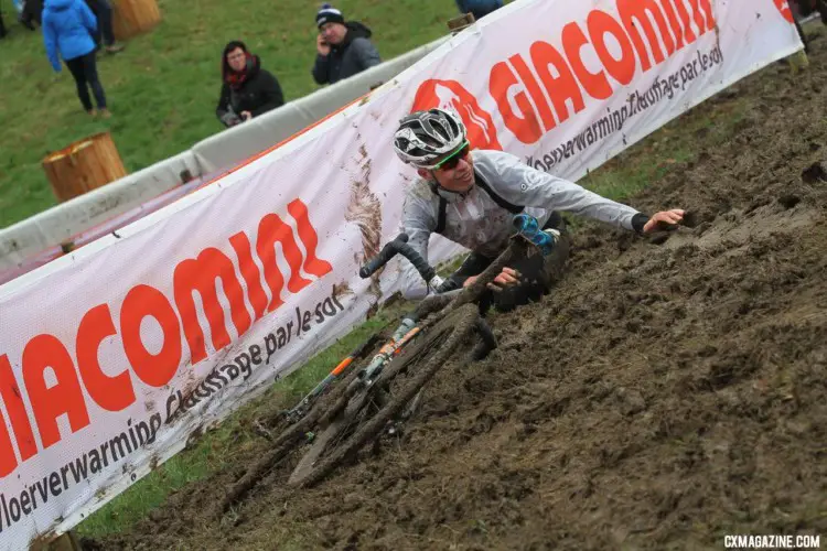 Eric Brunner smiles with amusement after taking a spill. 2018 Valkenburg Cyclocross World Championships - Thursday Practice. © B. Hazen / Cyclocross Magazine