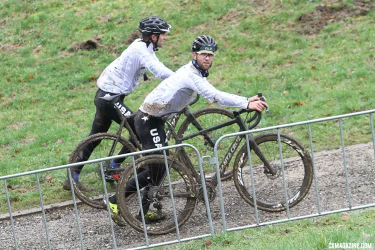 Tobin Ortenblad takes a break from trying to ride the muddy course. 2018 Valkenburg Cyclocross World Championships - Thursday Practice. © B. Hazen / Cyclocross Magazine