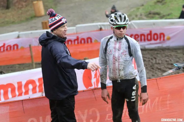 Geoff Proctor talks with Eric Brunner. 2018 Valkenburg Cyclocross World Championships - Thursday Practice. © B. Hazen / Cyclocross Magazine