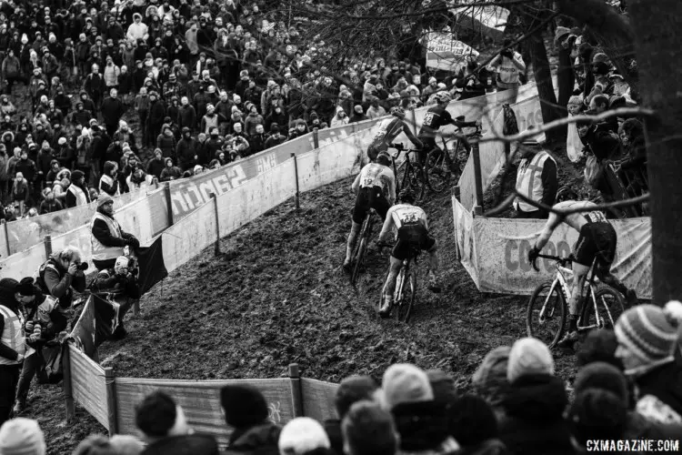 Riders try to find the right rut or line around one of the many off-camber turns. 2018 Cyclocross World Championships, Valkenburg-Limburg. © Gavin Gould / Cyclocross Magazine