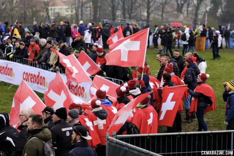 Swiss riders had an impressive, can't-miss cheering section. 2018 Cyclocross World Championships, Valkenburg-Limburg. © Gavin Gould / Cyclocross Magazine