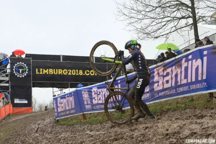 When you miss the one rut in a section, sometimes you have to do a Uey. 2018 Valkenburg World Championships, Friday Course Inspection. © B. Hazen / Cyclocross Magazine