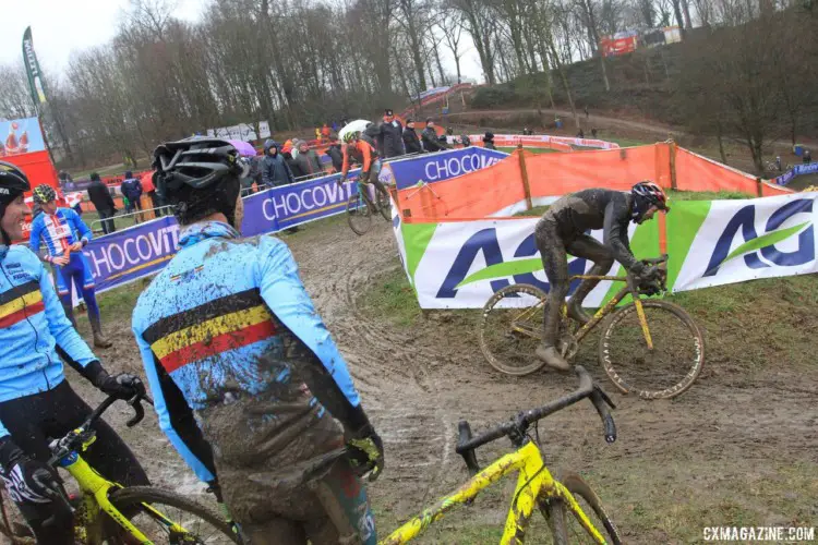 The Belgian team takes in some lessons. 2018 Valkenburg World Championships, Friday Course Inspection. © B. Hazen / Cyclocross Magazine