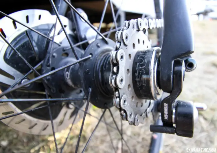 Wells used a Surly singlespeed conversion kit to run his Stan's wheels. The orientations of the spacers are adjustable since chainline is so important for singlespeed setups. Jake Wells' 2018 Nationals-Winning Singlespeed Scott Addict CX. © D. Mable / Cyclocross Magazine