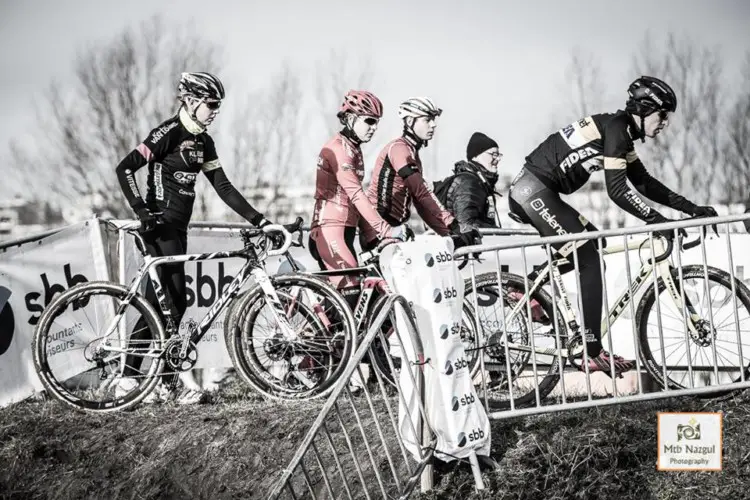 Riders wait to get on the course for pre-ride at Middlekerke. Corey Coogan Cisek rider diary. © Nazgul MTB