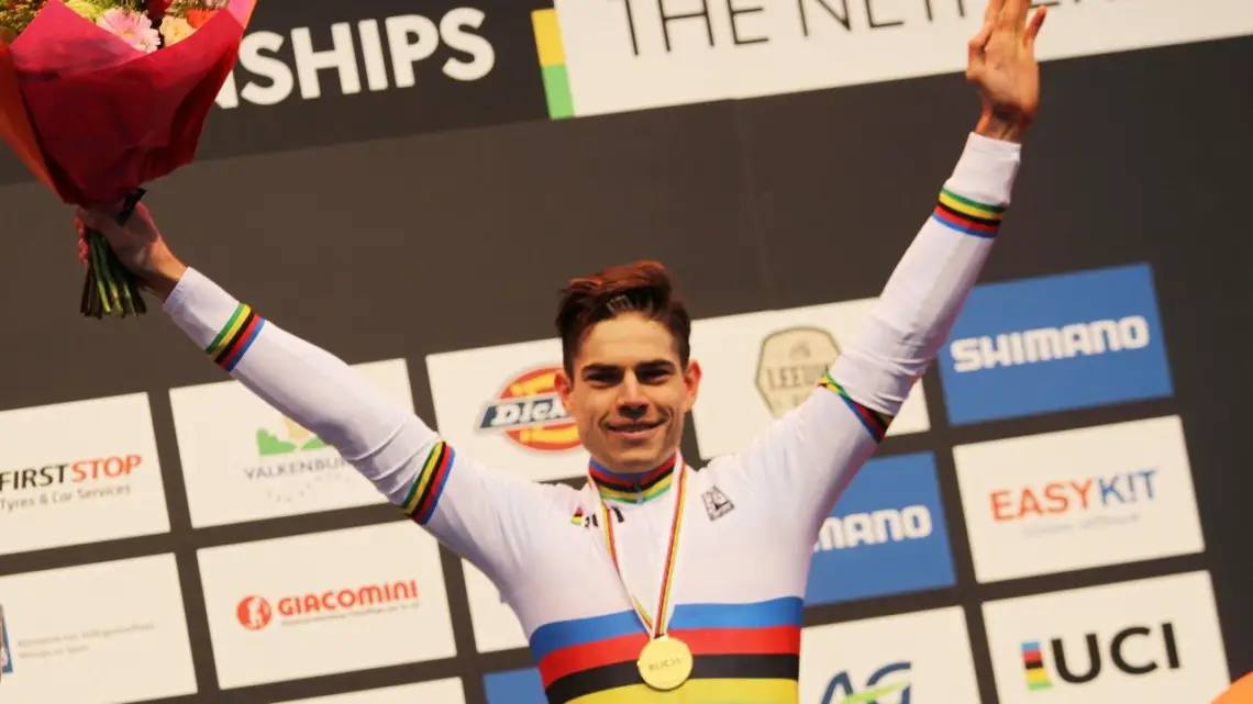 Wout van Aert celebrates his third rainbow jersey. Elite Men. 2018 UCI Cyclocross World Championships, Valkenburg-Limburg, The Netherlands. © Bart Hazen / Cyclocross Magazine