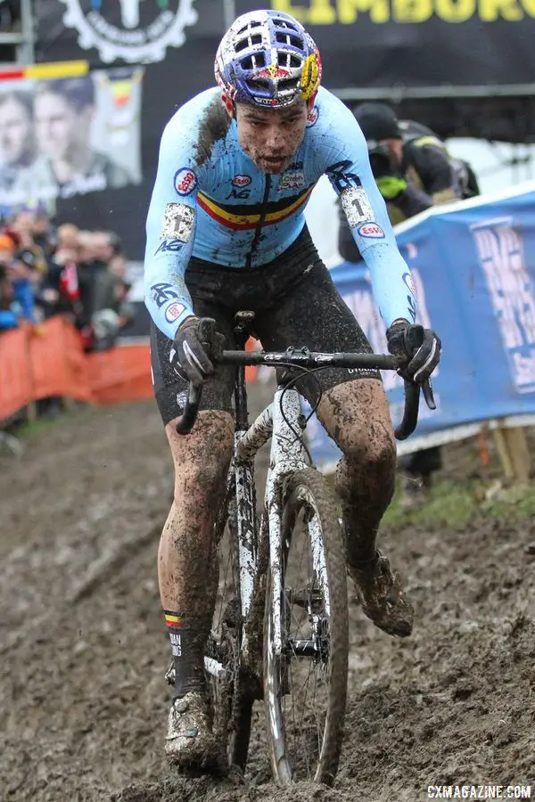 Wout van Aert rode two frames at Worlds. His A bike was an all-white (under the mud) frame. Elite Men. 2018 UCI Cyclocross World Championships, Valkenburg-Limburg, The Netherlands. © Bart Hazen / Cyclocross Magazine