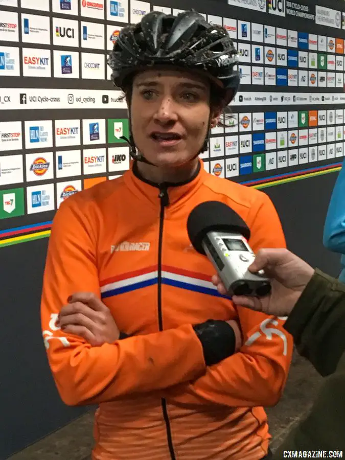 Marianne Vos being interviewed after the Elite Women's race. Corey Coogan Cisek rider diary. © C. Coogan Cisek / Cyclocross Magazine