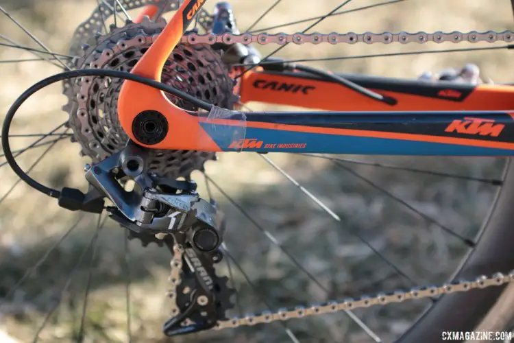 The rear derailleur cable is internally routed. Lloyd secured the cable at the exit port with packing tape. Monica Lloyd's Masters 40-44 Title-winning KTM Canic cyclocross bike. 2018 Cyclocross National Championships. © A. Yee / Cyclocross Magazine