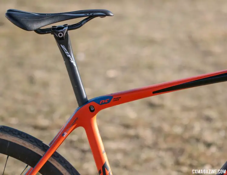 Lloyd upgraded the seatpost to a Zipp SL Speed zero offset and swapped her saddle for a Specialized Oura. Monica Lloyd's Masters 40-44 Title-winning KTM Canic cyclocross bike. 2018 Cyclocross National Championships. © A. Yee / Cyclocross Magazine