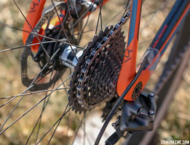 Indigenous Wheel Co. built Lloyd a set of carbon tubulars using a DT Swiss 350 hub. Monica Lloyd's Masters 40-44 Title-winning KTM Canic cyclocross bike. 2018 Cyclocross National Championships. © A. Yee / Cyclocross Magazine