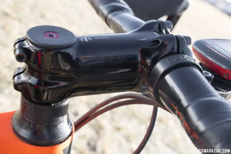 To get the right fit Lloyd used an 80mm Zipp Service Course SL stem. In this orientation it has -6º rise. Monica Lloyd's Masters 40-44 Title-winning KTM Canic cyclocross bike. 2018 Cyclocross National Championships. © A. Yee / Cyclocross Magazine