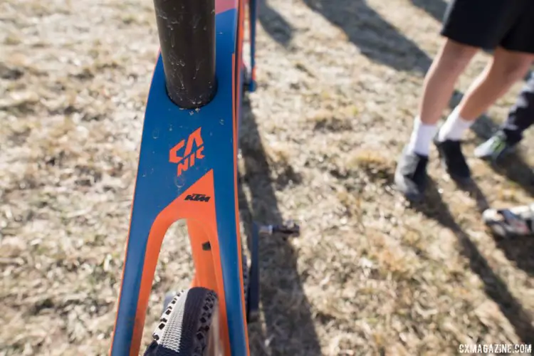 The Canic uses bridgeless seat stays to increase mud clearance. Monica Lloyd's Masters 40-44 Title-winning KTM Canic cyclocross bike. 2018 Cyclocross National Championships. © A. Yee / Cyclocross Magazine