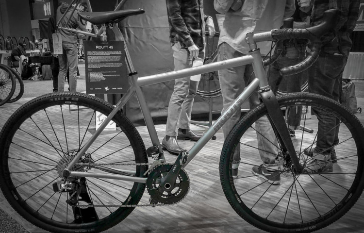 Moots has been building cyclocross and gravel bikes in Steamboat Springs, Co. for some time. This Routt 45 (with clearance for a 45mm tire) is intended for getting off the beaten path and taking the "Routt less traveled." 2018 North American Handmade Bike Show. © Mike Taylor / Cyclocross Magazine