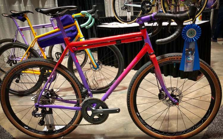 Breismeister, a New York City-based builder, won Best Gravel Bike with this retro purple and pink painted bike. 2018 North American Handmade Bike Show. © Mike Taylor / Cyclocross Magazine