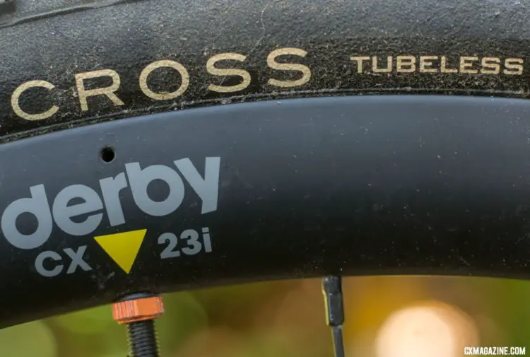 Derby Rims CX 23i carbon tubeless cyclocross / gravel rim features a drain hole by the valve stem to reduce galvanic corrosion. © Cyclocross Magazine