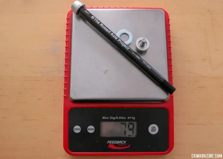 Our $54 12mm Trainer thru-axle weighed 79 grams and worked as expected with our wheel-on trainer. © Cyclocross Magazine