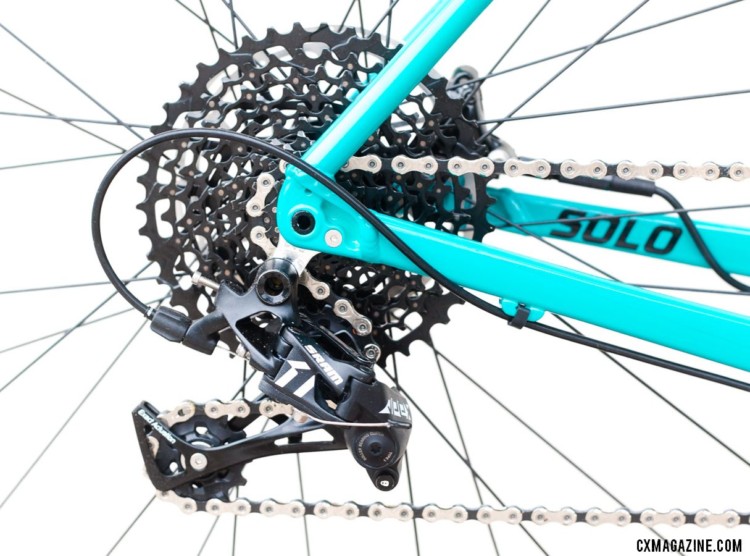 The Solo 50 has a SRAM Apex 1 rear derailleur and 11-speed XD cassette, which is a rare pairing. Rocky Mountain Solo gravel / adventure bike. © Cyclocross Magazine