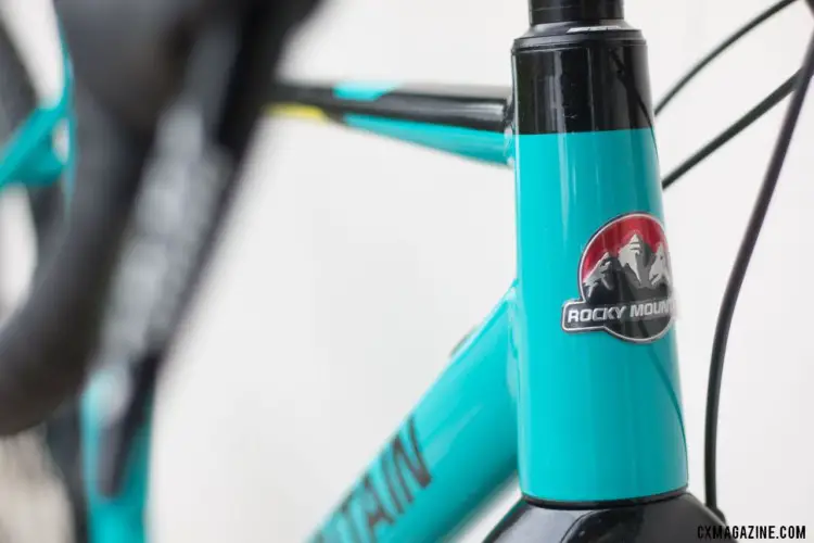 Our Medium test bike has a 16cm head tube emblazoned with an on-brand logo. Rocky Mountain Solo gravel / adventure bike. © Cyclocross Magazine