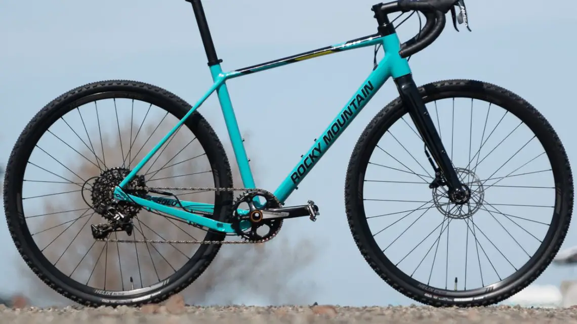 The $1,900 Rocky Mountain Solo 50 comes with a SRAM Apex 1 groupset and plenty of clearance for wide 700c and 650b tires. Rocky Mountain Solo gravel / adventure bike. © Cyclocross Magazine