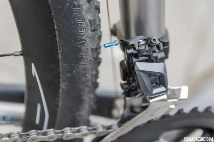 New Shimano Ultegra 8000 front derailleur has a new linkage. The arm no longer swings into the rear tire, which was sometimes a problem with the 6800 model. Shimano Sage Titanium PDXCX Cyclocross Bike. © C. Lee / Cyclocross Magazine