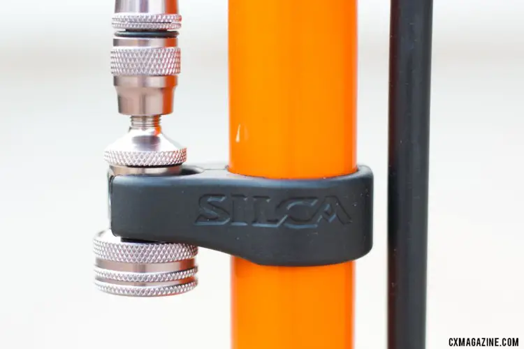 The Pista has classic design features such as this holder for the valve chuck. Silca Pista floor pump. © Cyclocross Magazine