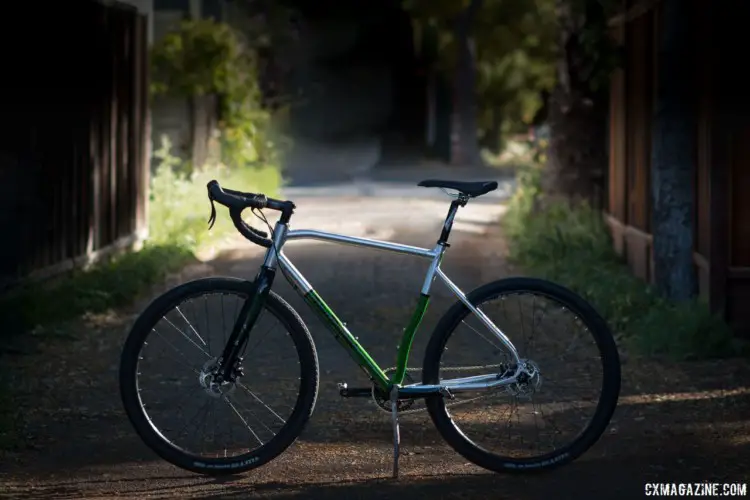 The brushed aluminum finish is eye-catching even when the sun starts to fade out in the back roads. 2018 Van Dessel Country Road Bob singlespeed cyclocross / gravel bike. © Cyclocross Magazine