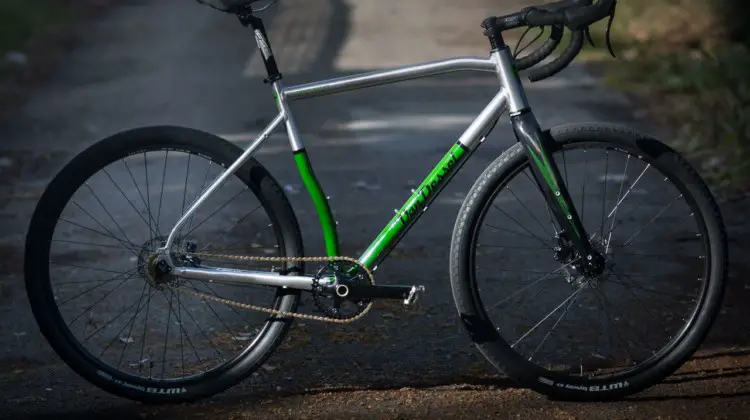 The 2018 Van Dessel Country Road Bob singlespeed cyclocross / gravel bike keeps its ancestor's curves and green, but adds modern features like thru axles, disc brakes and an eccentric bottom bracket. © Cyclocross Magazine