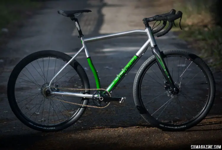 The 2018 Van Dessel Country Road Bob singlespeed cyclocross / gravel bike keeps its ancestor's curves and green, but adds modern features like thru axles, disc brakes and an eccentric bottom bracket. © Cyclocross Magazine