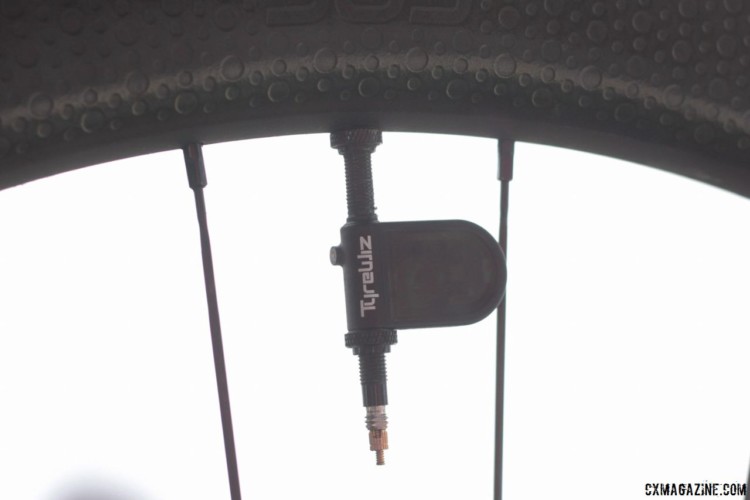 The TyreWiz attaches like a valve core and has its own Presta valve stem. Quarq TyreWiz Tire Pressure Sensor. 2018 Sea Otter Classic. © Cyclocross Magazine