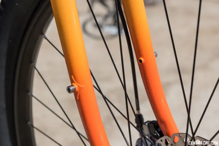 Low-rider front rack mounts are threaded through the blade of the steel fork. All-City Steel Gorilla Monsoon Gravel / Adventure Bike. 2018 Sea Otter Classic. © C. Lee / Cyclocross Magazine