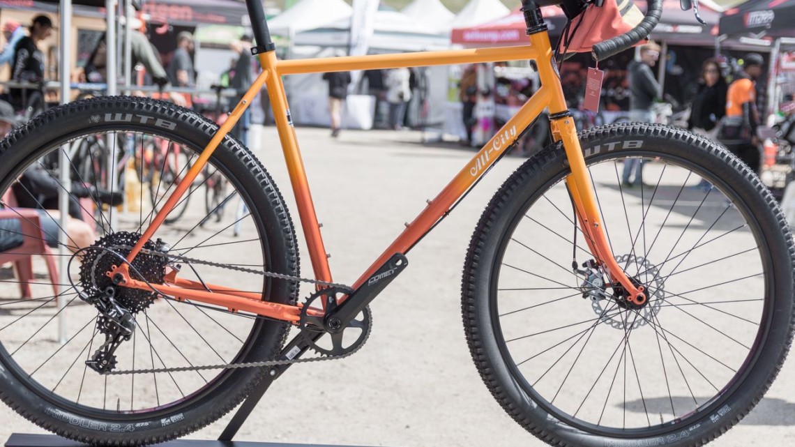 The Gorilla Monsoon comes with monster 27.5 x 2.4" tires, but can swap to other sizes. A 700c wheel with a 38mm tire keeps the geometry neutral. All-City Steel Gorilla Monsoon Gravel / Adventure Bike. 2018 Sea Otter Classic. © C. Lee / Cyclocross Magazine