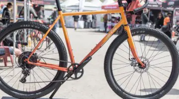 The Gorilla Monsoon comes with monster 27.5 x 2.4" tires, but can swap to other sizes. A 700c wheel with a 38mm tire keeps the geometry neutral. All-City Steel Gorilla Monsoon Gravel / Adventure Bike. 2018 Sea Otter Classic. © C. Lee / Cyclocross Magazine