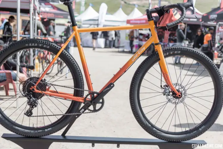 The Gorilla Monsoon comes with monster 27.5 x 2.4" tires, but can swap to other sizes. A 700c wheel with a 38mm tire keeps the geometry neutral. All-City Steel Gorilla Monsoon Gravel / Adventure Bike. 2018 Sea Otter Classic. © C. Lee / Cyclocross Magazine