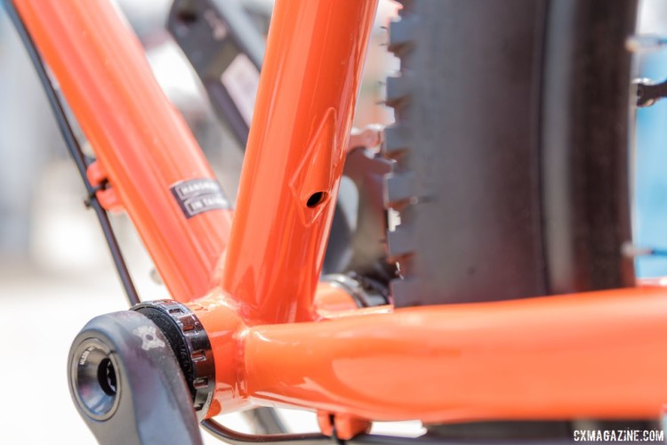 Want more drop for your adventure? The Gorilla Monsoon has a dropper post line entry on the seat tube. All-City Steel Gorilla Monsoon Gravel / Adventure Bike. 2018 Sea Otter Classic. © C. Lee / Cyclocross Magazine
