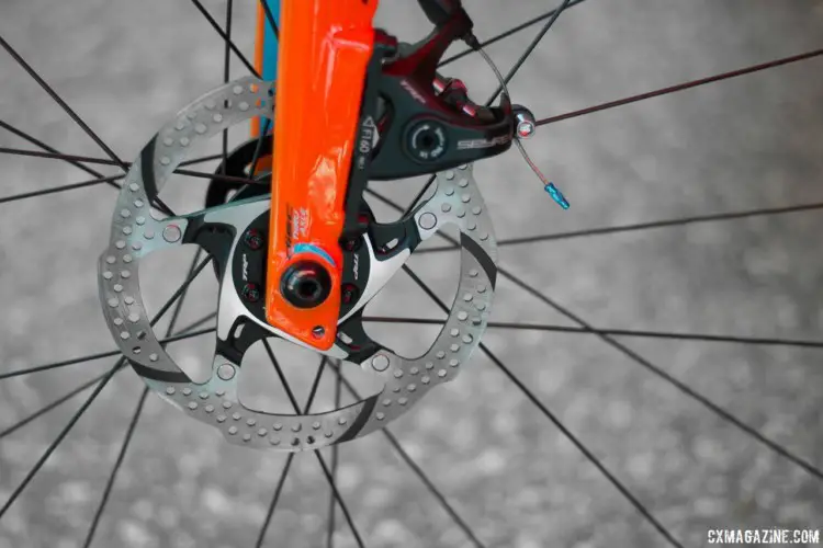 The Gravel X is fully modern up front with a carbon fork, flat mount TRP Spyre disc brakes and a thru-axle. BH Bikes Alloy Gravel X Bike. 2018 Sea Otter Classic. © Cyclocross Magazine