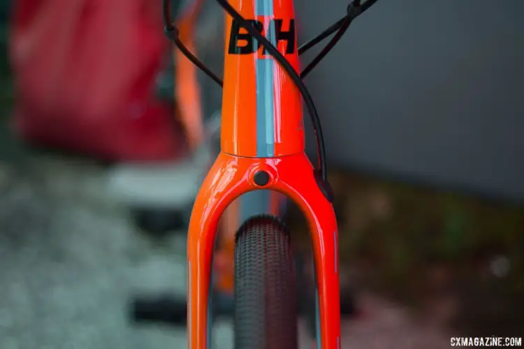The front fork has plenty of room for wide tires. The demo bike had 40mm Schwalbe G-One tires. BH Bikes Alloy Gravel X Bike. 2018 Sea Otter Classic. © Cyclocross Magazine