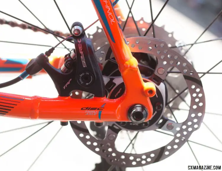 The Gravel X uses TRP Spyre flat mount disc brakes. BH Bikes Alloy Gravel X Bike. 2018 Sea Otter Classic. © Cyclocross Magazine