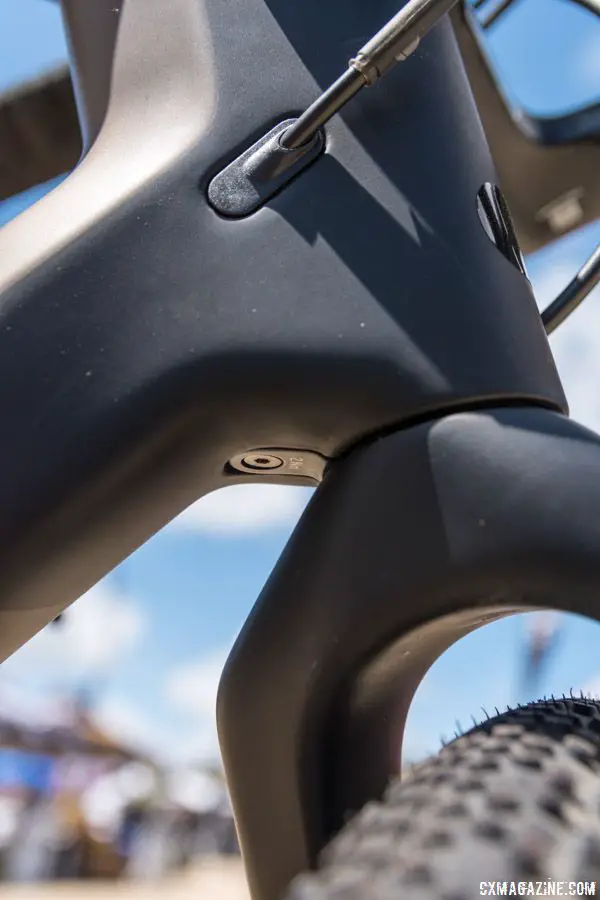 A steering limiter keeps the bars from swinging into the top tube during a fall or crash. Canyon Grail CF Gravel Bike. 2018 Sea Otter Classic. © C. Lee / Cyclocross Magazine