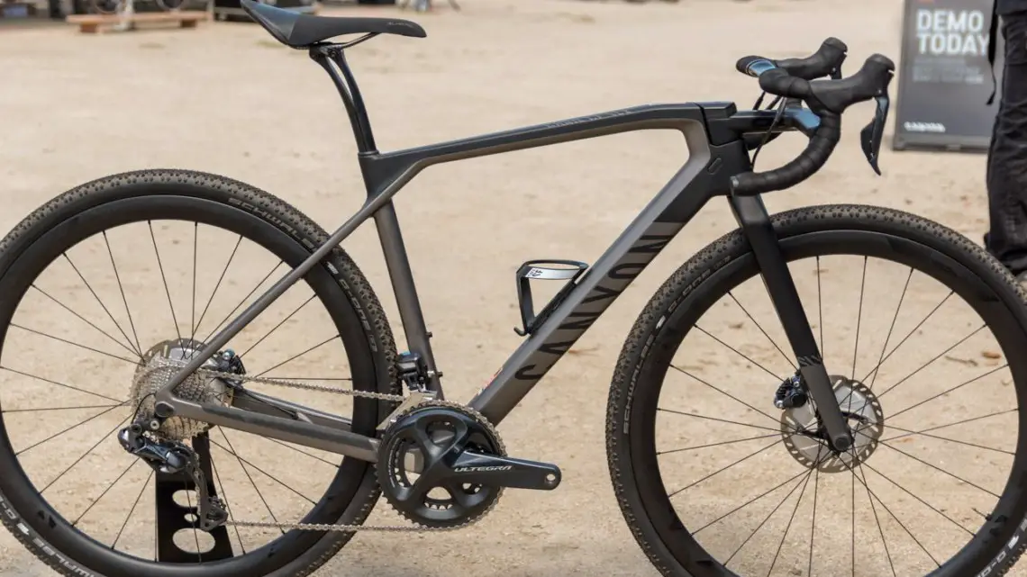 The $4,900 Grail CF SLX Di2 bike with its unique handlebar comes with an Ultegra Di2 build. Canyon Grail CF Gravel Bike. 2018 Sea Otter Classic. © C. Lee / Cyclocross Magazine