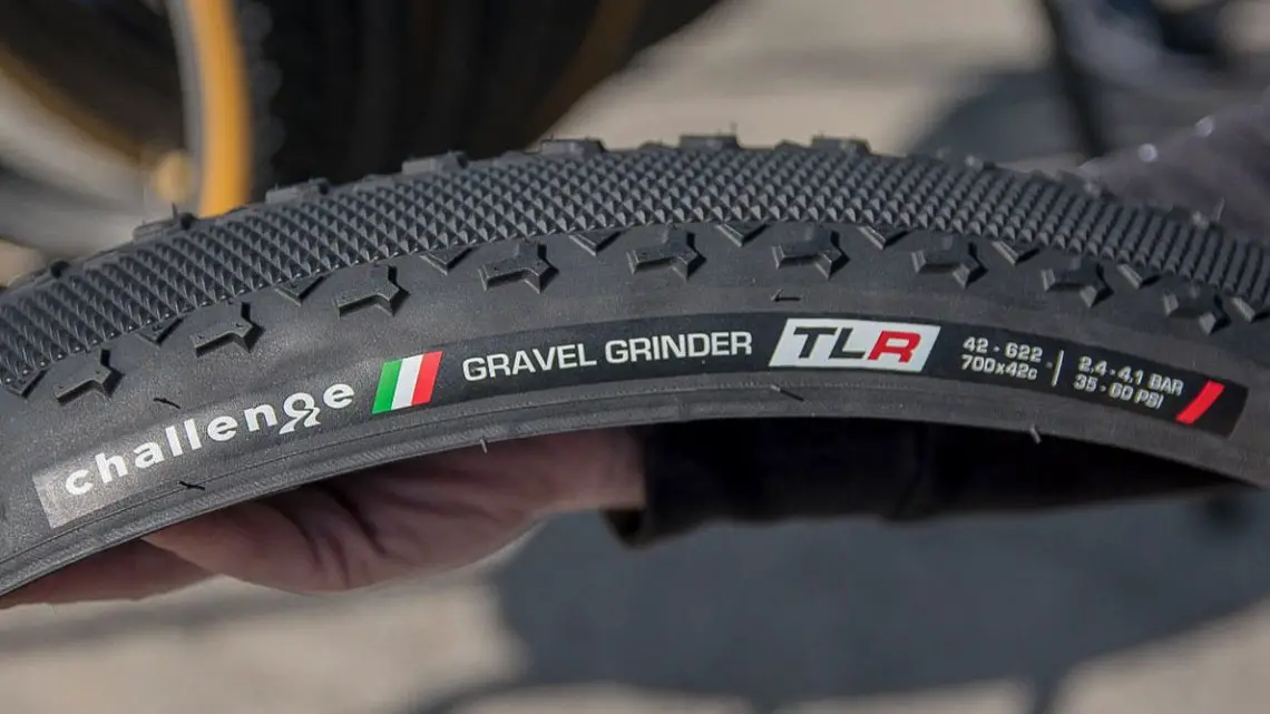 Challenge's Gravel Grinder will be available in tubeless-ready form, including this new high-volume 42mm option. New Challenge Tubeless-Ready and Tubular Gravel Tires. 2018 Sea Otter Classic. © Cyclocross Magazine