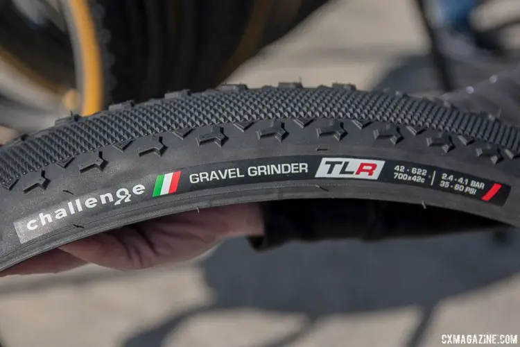 Challenge's Gravel Grinder will be available in tubeless-ready form, including this new high-volume 42mm option. New Challenge Tubeless-Ready and Tubular Gravel Tires. 2018 Sea Otter Classic. © Cyclocross Magazine