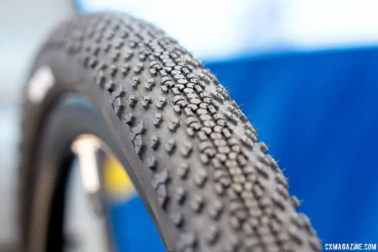 The 40mm Connector has a more aggressive tread with a tight center and big side knobs. New Goodyear County and Connector Tubeless Gravel Tires. 2018 Sea Otter Classic. © Cyclocross Magazine