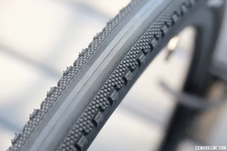 The 35mm County has a smooth center and side knobs. New Goodyear County and Connector Tubeless Gravel Tires. 2018 Sea Otter Classic. © Cyclocross Magazine